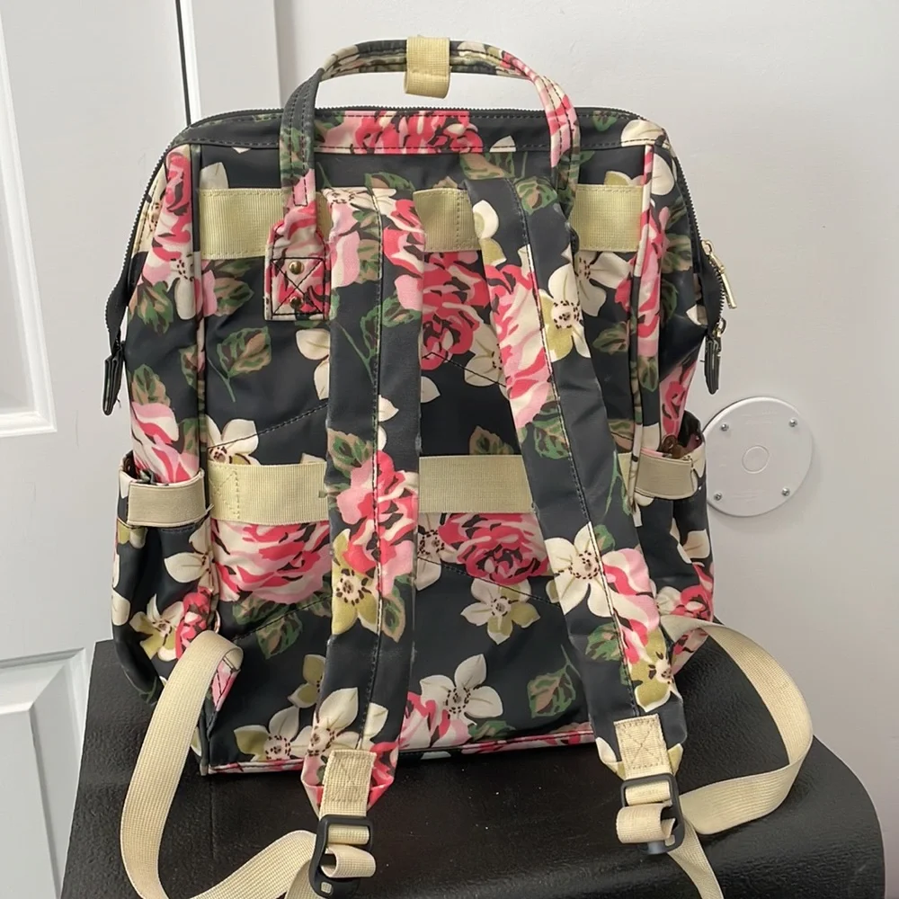 Floral Convertible Backpack Tote - Black with Pink Roses